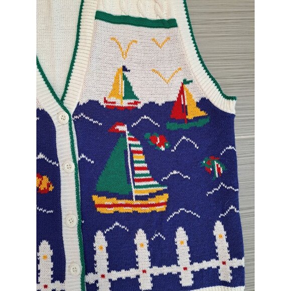 Vtg Women's Nautical Sweater Vest Med Sailboat Cable Knit Multicolor Kitchy - Picture 5 of 10
